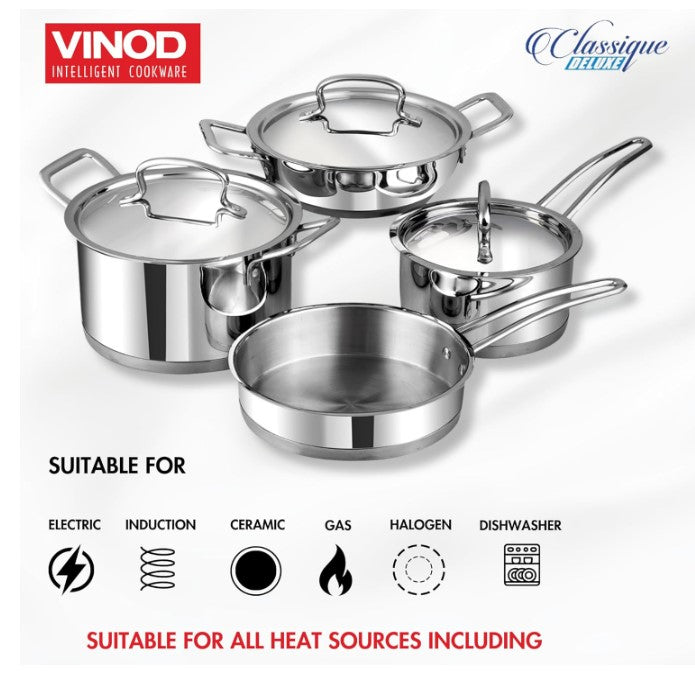 Vinod Classic Deluxe Stainless Steel Cookware Combo Set of 4 Pcs | Saucepan, Saucepot, Kadhai and Frypan | Extra Deep, Riveted Handles | Induction Base