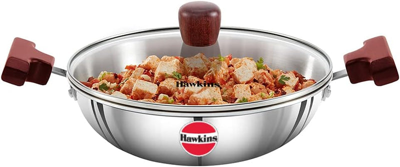 Hawkins 1.5 Litre Deep Fry Pan, Triply Stainless Steel Kadai with Glass Lid, Flat Bottom Induction Kadhai, Small Kadai, Silver