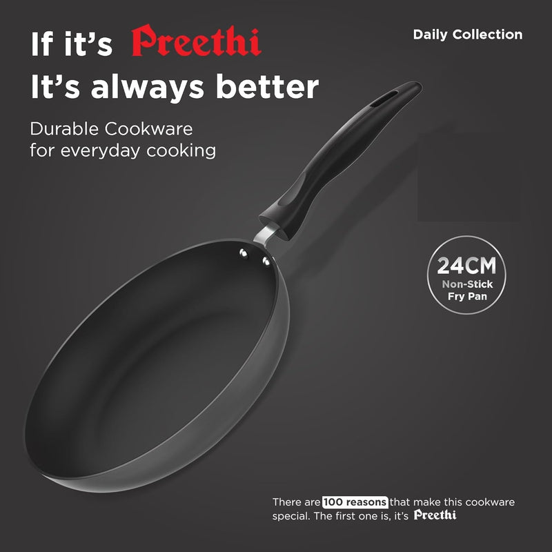 Preethi Daily Collection Non Stick Fry Pan 24 cm, 5 Star Non Stick Effect, Grey