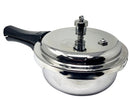 A Vinod Platinum Triply Stainless Steel Pressure Cooker with a capacity of 2 liters, featuring a black handle and a safety valve on the lid.