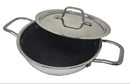 Stainless steel wok with lid on a white background