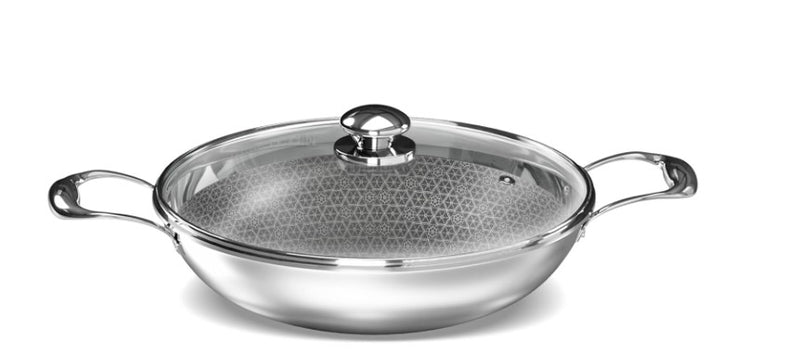 ‎Preethi Diva Collection Triply Stainless Steel Kadai with API Technology, 28 cm, Gas & Induction Compatible,with Glass Lid, Metal Spatula Friendly
