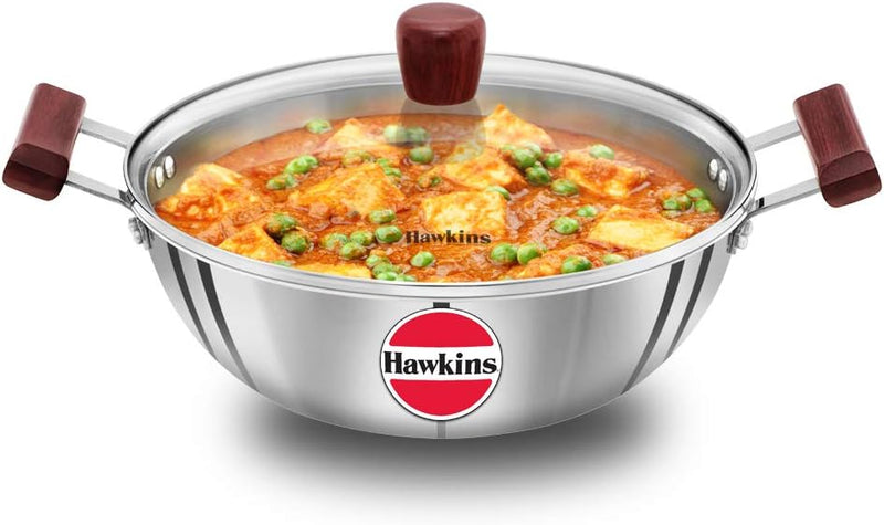 HAWKINS Tri-Ply Stainless Steel Induction Compatible Deep Kadhai (Deep-Fry Pan) with Glass Lid, Capacity 4 Litre, Diameter 28 cm, Thickness 3 mm, Silver