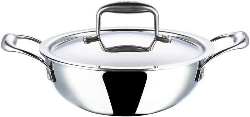 Vinod Platinum Triply Stainless Steel Extra Deep Kadai with Lid - 18cm (1.2L) (Induction Friendly)