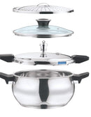 Vinod Magic Stainless Steel Smart 3 in 1 Pressure Cooker 3.5 Litre | 5mm Thick Base | All in One Cooker with Strainer & Glass Lid | Induction and Gas Base | ISI certified