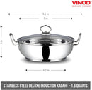 Vinod Induction Friendly Stainless Steel Kadai With Glass Lid 18cm 1.5 Liters