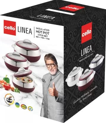 Cello Linea Insulated Hotpot Pack of 3 Thermoware Casserole Set (600 ml, 1100 ml, 1700 ml)