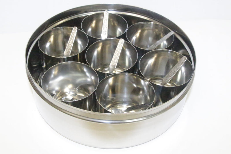 Tabakh Stainless Steel Masala Dabba/Spice Container Box with 7 Spoons - With Clear Screen & Clear Lid