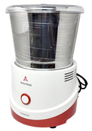 White and red food processor with clear container on a white background