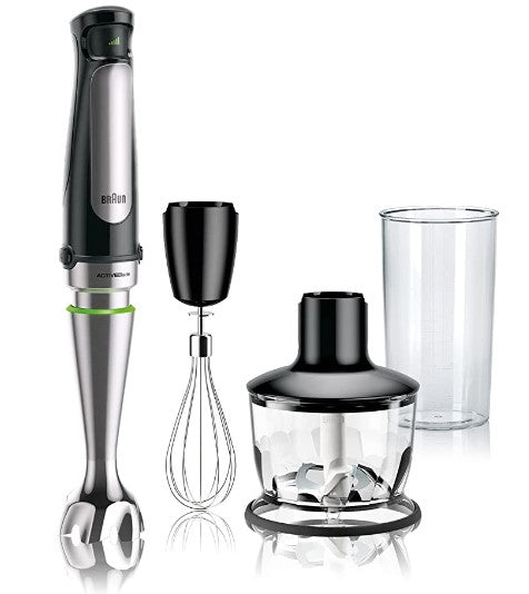 Braun MQ7035X 3-in-1 Immersion Hand, Powerful 500W Stainless Steel Stick Blender Variable Speed + 2-Cup Food Processor, Whisk, Beaker, Faster, Finer Blending, MultiQuick 220v