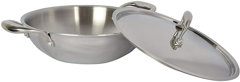 Tabakh Food Grade 1.8 Liter Induction Friendly Platinum (TRI PLY) 18/8 Stainless Steel Kadai w/ Stainless Steel Lid (22cm, 1.8 Litre)