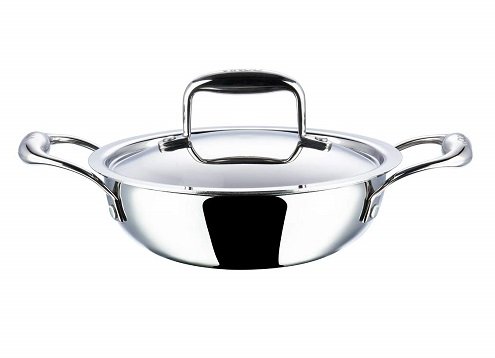Vinod Platinum Triply Stainless Steel Extra Deep Kadai with Lid - 18cm (1.1L) (Induction Friendly)