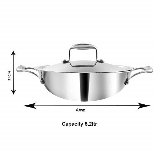 Vinod Platinum Triply Stainless Steel Deep Kadai with Lid - 32cm (5.2L) (Induction Friendly)