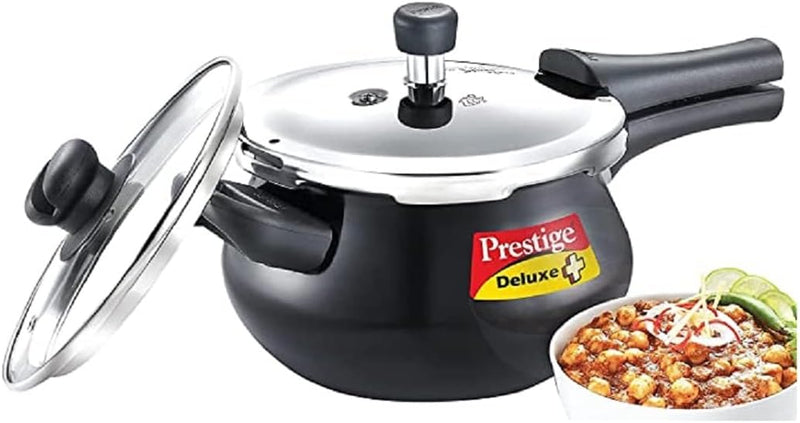 Prestige Deluxe Duo Plus Hard Anodised Handi Pressure Cooker With Stainless Steel Lid 3.0 Liters and Glass lid, Medium