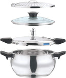 Vinod Magic Stainless Steel Smart 3 in 1 Pressure Cooker 5.5 Litre | 5mm Thick Base | All in One with Strainer & Glass Lid | Induction and Gas Base | ISI certified |
