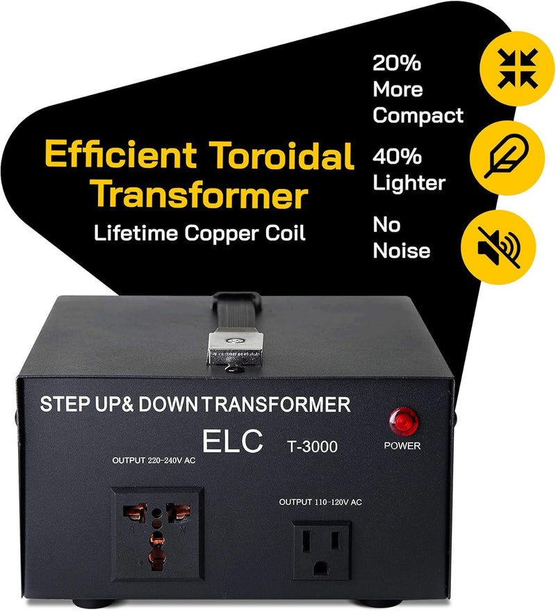 ELC T-3000 Voltage Converter Transformer - Step Up/Down - 110v to 220v / 220v to 110v Power Converter - Circuit Breaker Protection, CE Certified [3-Years Warranty]