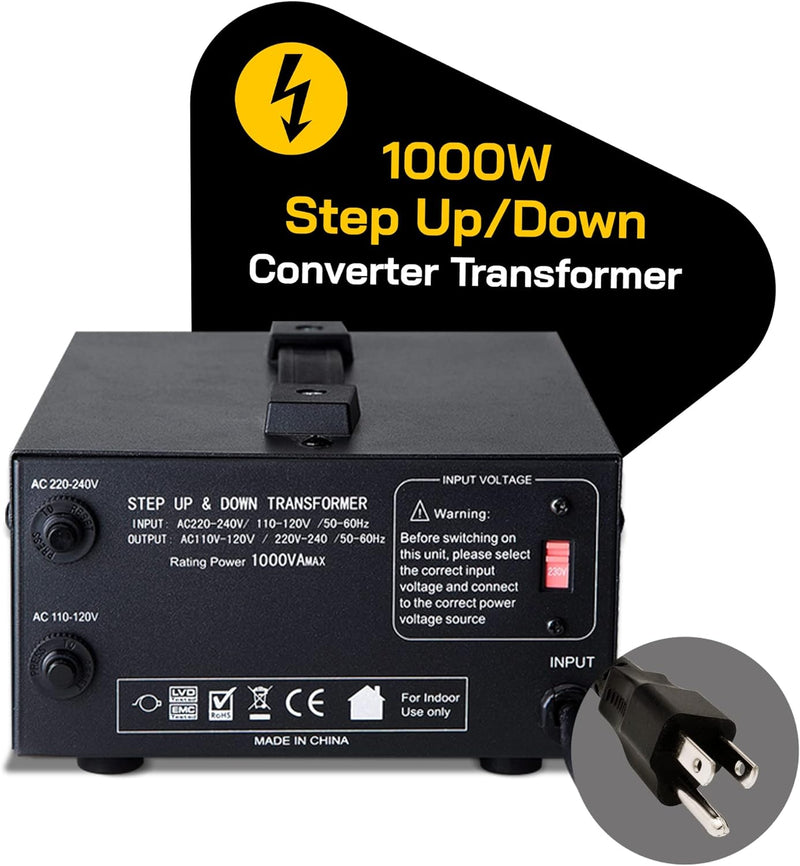 ELC T-1000 Voltage Converter Transformer - Step Up/Down - 110v to 220v / 220v to 110v Power Converter - Circuit Breaker Protection, CE Certified [3-Years Warranty]