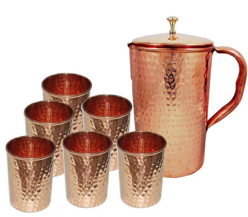 Tabakh Copper Water Set of 7 Pcs Hammered 1 Jug 6 Tumbler Glasses