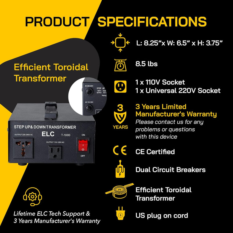 ELC T-1000 Voltage Converter Transformer - Step Up/Down - 110v to 220v / 220v to 110v Power Converter - Circuit Breaker Protection, CE Certified [3-Years Warranty]