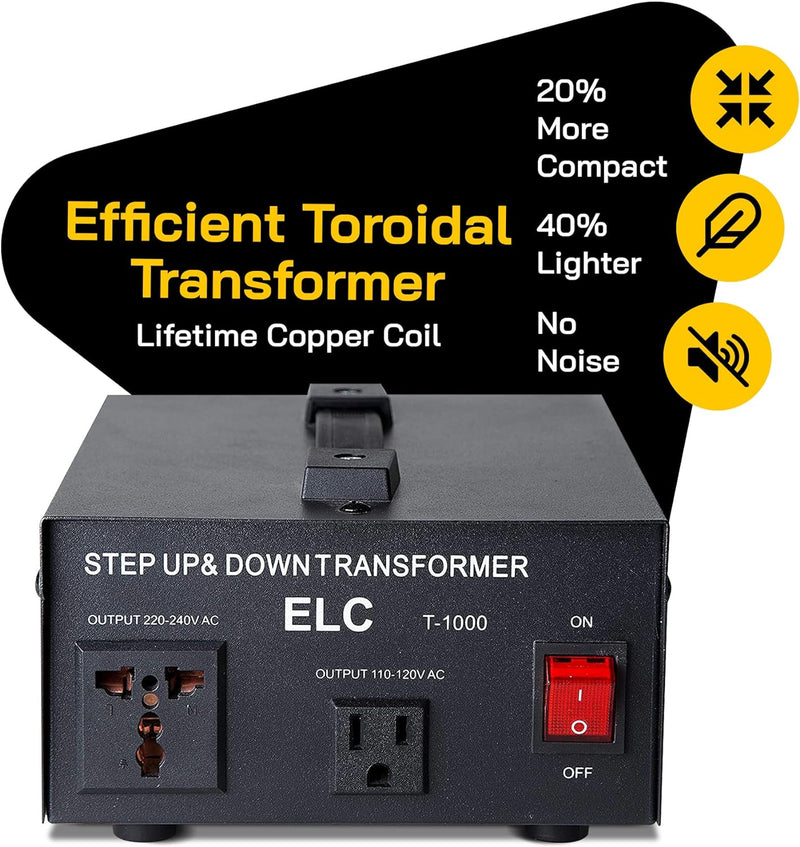 ELC T-1000 Voltage Converter Transformer - Step Up/Down - 110v to 220v / 220v to 110v Power Converter - Circuit Breaker Protection, CE Certified [3-Years Warranty]