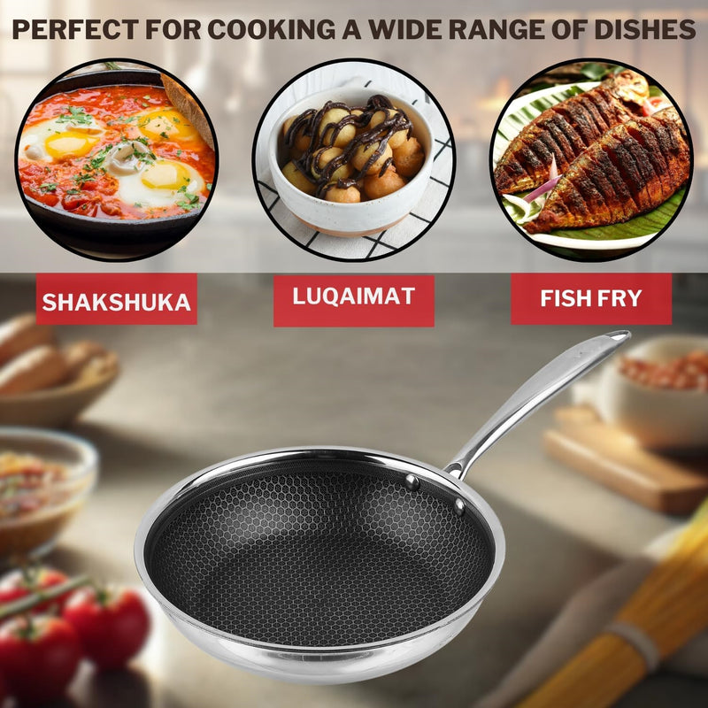 Vinod Nutri-Tech SAS Triply Stainless Steel Fry Pan 26 cm | Honeycomb Pattern Design Inside, Scratch Resistant, Food Safe & PFOA Free
