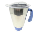 A stainless steel jar with a blue handle and lid, designed for a Preethi Blue Leaf Platinum mixer.
