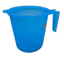 Blue plastic pitcher with a handle on a gray surface, blurred background of shelves.