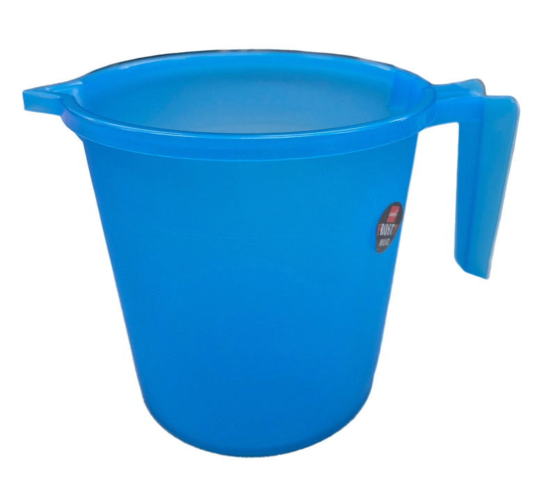 Blue plastic pitcher with a handle on a gray surface, blurred background of shelves.