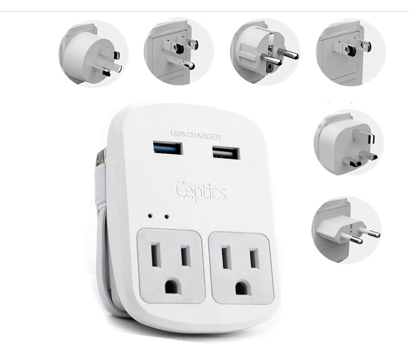 Ceptics Safest Travel Adapter Kit, Dual USB for iPhone, Chargers, Cell Phones, Laptop Perfect for Travelers - 3.6A with Qc. 3.0 Charge Faster