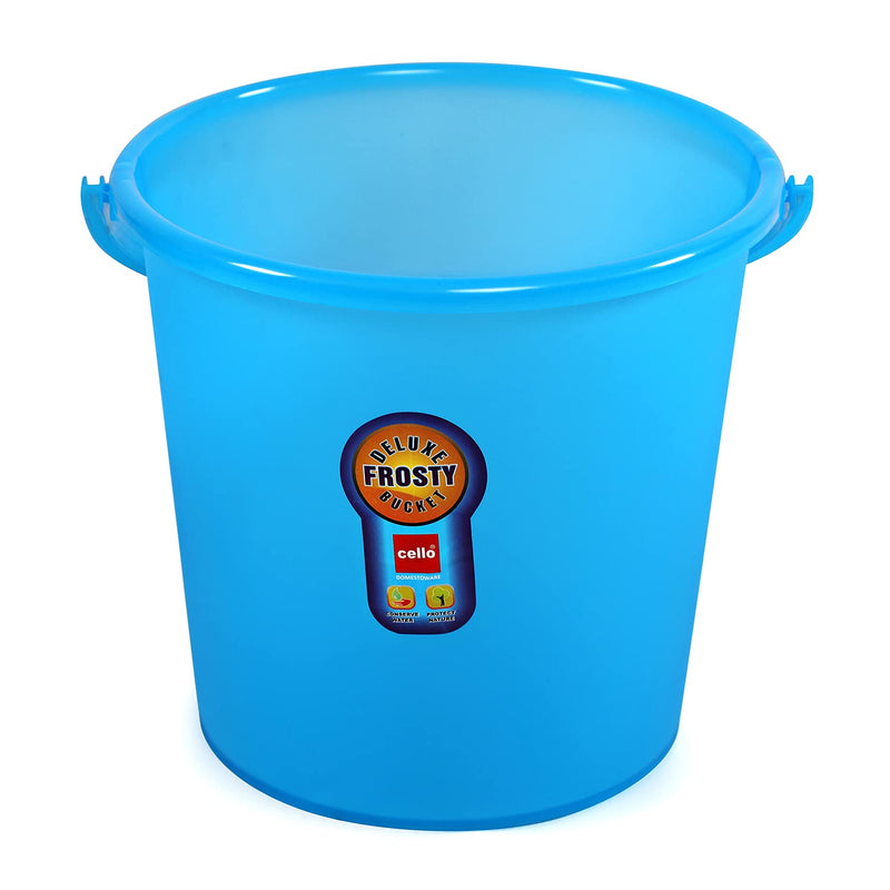 Blue bucket with a visible brand label on a white background