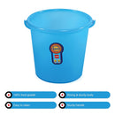 Blue plastic bucket with a visible brand label on a white background