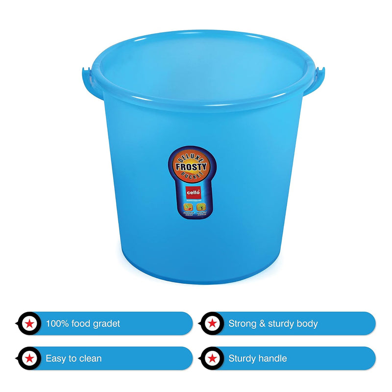 Blue plastic bucket with a visible brand label on a white background
