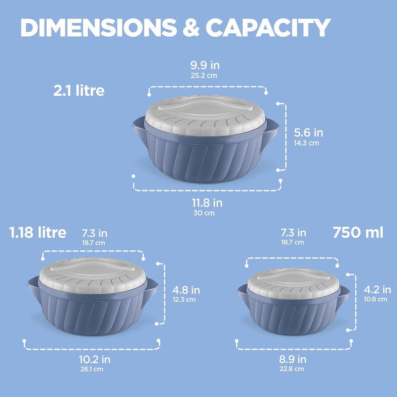 Milton Flora Regular Set Insulated Inner Steel Casserole for Roti 3Pc (750ml 1.25L & 2.1L) Hot Box for Kitchen, Hot Pot with Lid, Chapati Box, Roti Casserole, Serving Boxes, Hotcase, Stone Bue
