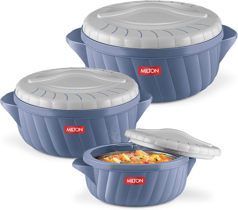 Milton Flora Regular Set Insulated Inner Steel Casserole for Roti 3Pc (750ml 1.25L & 2.1L) Hot Box for Kitchen, Hot Pot with Lid, Chapati Box, Roti Casserole, Serving Boxes, Hotcase, Stone Bue