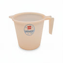 A translucent pale peach-colored plastic measuring cup with a handle and a circular Cello Frosty logo sticker on the front, set against a plain white background.