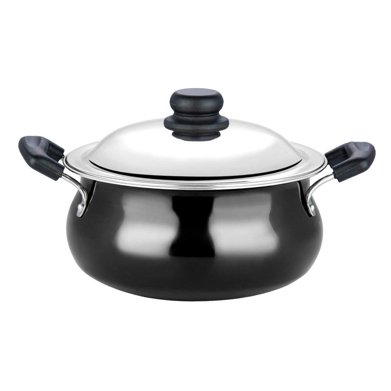 Vinod Black Pearl Hard Anodised Handi with Stainless Steel Lid 2 litres Capacity (Mini) with Riveted Sturdy Handles - 3.25 mm Thickness, Black (Gas Stove Compatible)