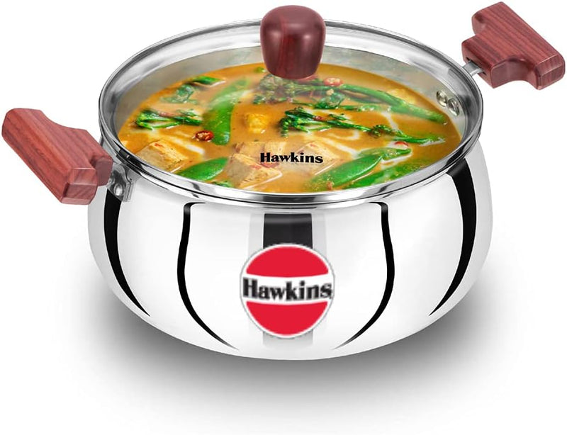 Hawkins 4 Litre Cook n Serve Handi with Glass Lid, Induction Compatible Tri-Ply Stainless Steel Cookware, Cooking Pot, Saucepan, Silver