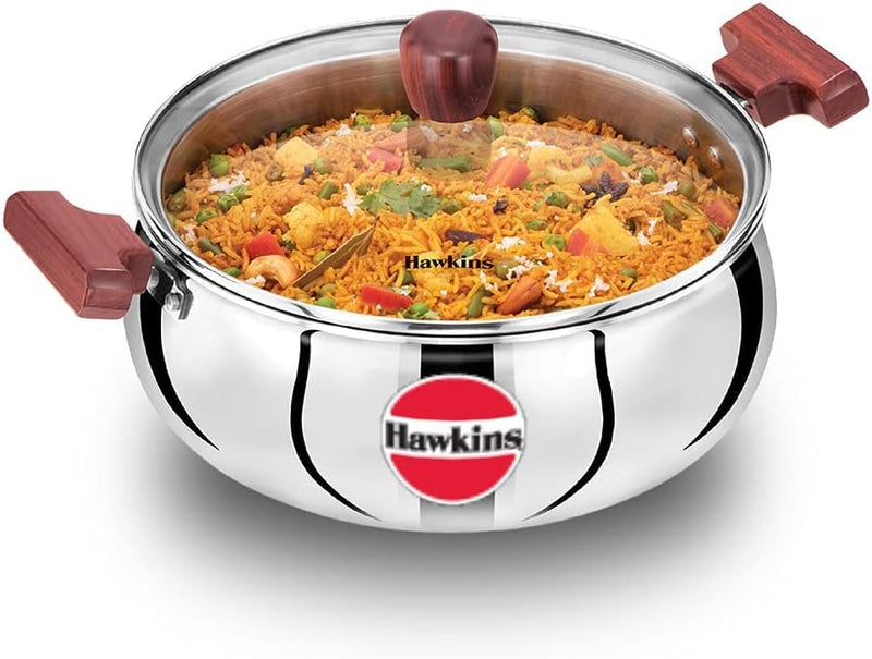Hawkins Tri-Ply Stainless Steel Induction with friendly Cook-n-Serve Handi with Glass lid, Capacity 5 Liters, Diameter 10.7 Inch, thickness 3 mm, silver