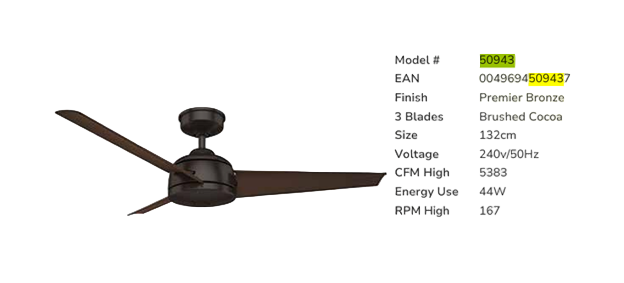 Hunter Fan 50943 Trimaran 52" Ceiling Fan 220v Not For USA and Canada