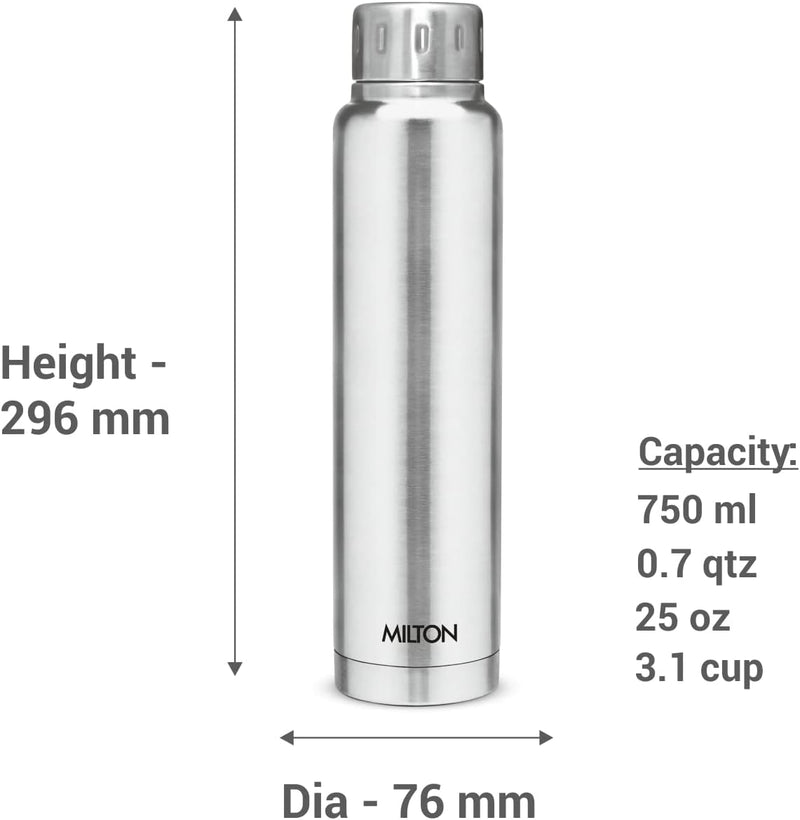 Milton Thermosteel Elfin 750, Vacuum Insulated Flask, 750 ml | 25 oz | 24 Hours Hot & Cold Water Bottle 18/8 Stainless Steel, Durable Body, BPA Free, Leak-Proof Simple Screw Lid | Silver