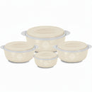 Set of four beige food storage containers with lids on a white background