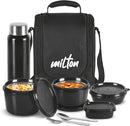 MILTON Pro Lunch Microwave Tiffin with Inner Steel Containers,180/320/450 ml- 1 Plastic Sauce pot-100 ml- 1 Steel Water Bottle-750 ml, Spoon and Fork, Black, Easy to Carry | Food Grade | Easy to Clean