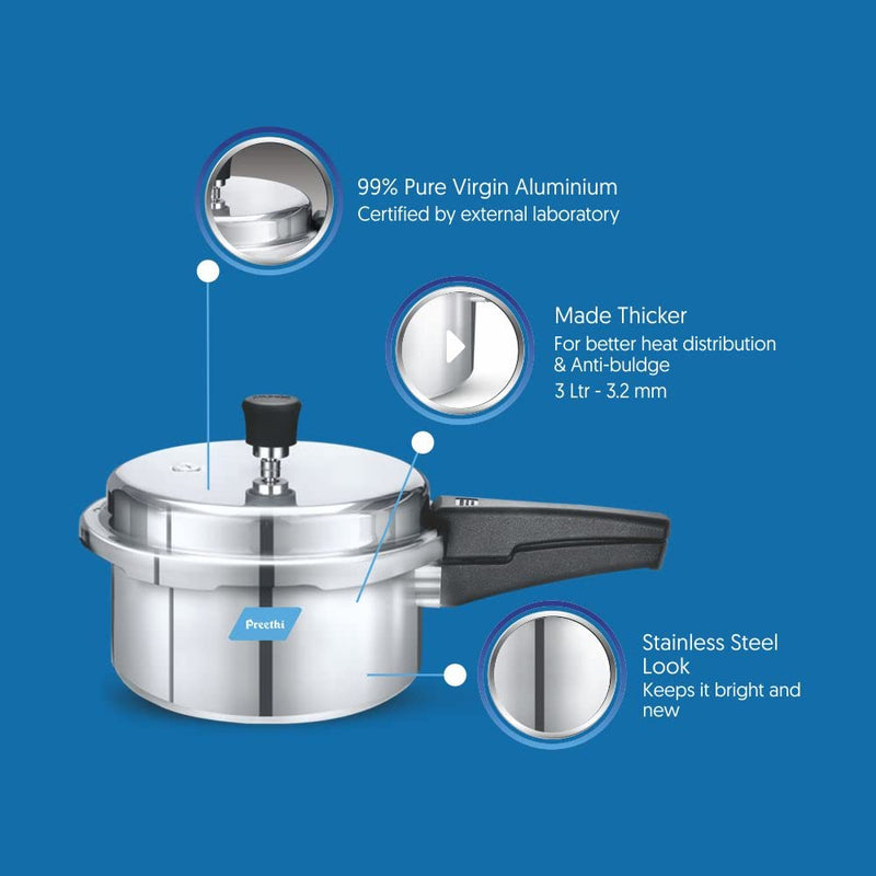 Preethi Aluminum Outer Lid Pressure Cooker Non Induction Base, 3 Litres