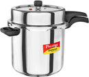 A stainless steel pressure cooker with black plastic handles and a red and yellow Prestige label on the front, isolated on a white background.