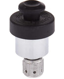 A Prestige brand pressure regulator assembly with a silver body and a black button, likely for use with pressure cookers.