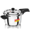 Pressure cooker with black handles and a visible Prestige logo on a white background
