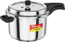 Pressure cooker with 'Prestige Deluxe' branding on a white background