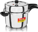 A Prestige Deluxe Multi-Prize stainless steel pressure cooker with black handles and a red and yellow brand label, shown on a white background with a reflection.