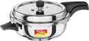 A stainless steel pressure cooker with black handles and a black lid knob, featuring a red and yellow Prestige logo on the front.