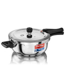 Pressure cooker with a visible Prestige brand label on a white background